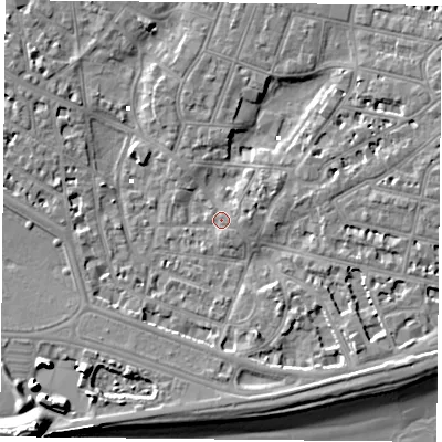 Shaded relief map of the ground around PO52PD, computed from Environment Agency LiDAR. The ground here sits at about 1 m above sea level and falls 13 m across the surrounding 800 m. Surface water reaching this point runs off ground lying to the south-east, 4.7 m higher.