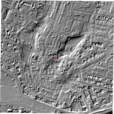 Shaded relief map of the ground around PO52PE, computed from Environment Agency LiDAR. The ground here sits at about 1 m above sea level and falls 9 m across the surrounding 800 m. Surface water reaching this point runs off ground lying to the south-south-east, 5.9 m higher.
