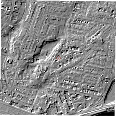 Shaded relief map of the ground around PO52PF, computed from Environment Agency LiDAR. The ground here sits at about 2 m above sea level and falls 6 m across the surrounding 800 m. Surface water reaching this point runs off ground lying to the east-north-east, 2.7 m higher.