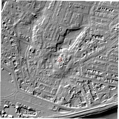 Shaded relief map of the ground around PO52PG, computed from Environment Agency LiDAR. The ground here sits at about 2 m above sea level and falls 10 m across the surrounding 800 m. Surface water reaching this point runs off ground lying to the south-east, 4.8 m higher.