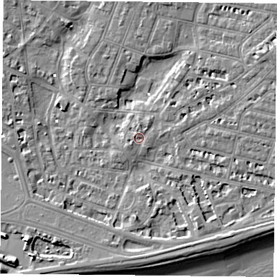 Shaded relief map of the ground around PO52PH, computed from Environment Agency LiDAR. The ground here sits at about 2 m above sea level and falls 10 m across the surrounding 800 m. Surface water reaching this point runs off ground lying to the north-north-east, 1.2 m higher.