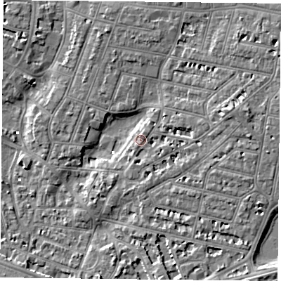 Shaded relief map of the ground around PO52PJ, computed from Environment Agency LiDAR. The ground here sits at about 2 m above sea level and falls 6 m across the surrounding 800 m. Surface water reaching this point runs off ground lying to the east-north-east, 2.7 m higher.