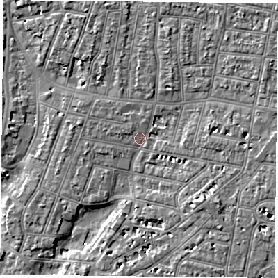 Shaded relief map of the ground around PO52PL, computed from Environment Agency LiDAR. The ground here sits at about 3 m above sea level and falls 7 m across the surrounding 800 m. Surface water reaching this point runs off ground lying to the north, 3.7 m higher.