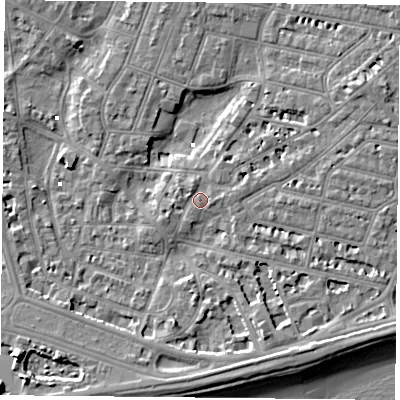 Shaded relief map of the ground around PO52PN, computed from Environment Agency LiDAR. The ground here sits at about 2 m above sea level and falls 9 m across the surrounding 800 m. Surface water reaching this point runs off ground lying to the north-north-west, 1.0 m higher.