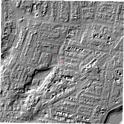 Shaded relief map of the ground around PO52PP, computed from Environment Agency LiDAR. The ground here sits at about 2 m above sea level and falls 6 m across the surrounding 800 m. Surface water reaching this point runs off ground lying to the east, 3.4 m higher.