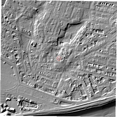 Shaded relief map of the ground around PO52PQ, computed from Environment Agency LiDAR. The ground here sits at about 2 m above sea level and falls 12 m across the surrounding 800 m. Surface water reaching this point runs off ground lying to the south-east, 4.7 m higher.