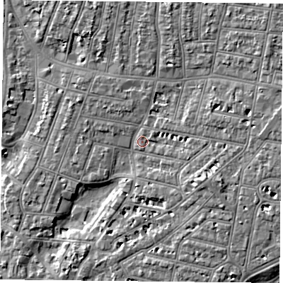 Shaded relief map of the ground around PO52PR, computed from Environment Agency LiDAR. The ground here sits at about 3 m above sea level and falls 7 m across the surrounding 800 m. Surface water reaching this point runs off ground lying to the north-north-east, 3.6 m higher.