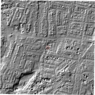 Shaded relief map of the ground around PO52PS, computed from Environment Agency LiDAR. The ground here sits at about 3 m above sea level and falls 7 m across the surrounding 800 m. Surface water reaching this point runs off ground lying to the east, 4.0 m higher.