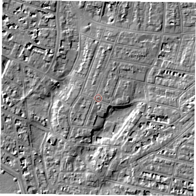 Shaded relief map of the ground around PO52PT, computed from Environment Agency LiDAR. The ground here sits at about 3 m above sea level and falls 6 m across the surrounding 800 m. Surface water reaching this point runs off ground lying to the north-north-east, 1.7 m higher.