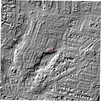 Shaded relief map of the ground around PO52PU, computed from Environment Agency LiDAR. The ground here sits at about 3 m above sea level and falls 6 m across the surrounding 800 m. Surface water reaching this point runs off ground lying to the west-south-west, 3.4 m higher.