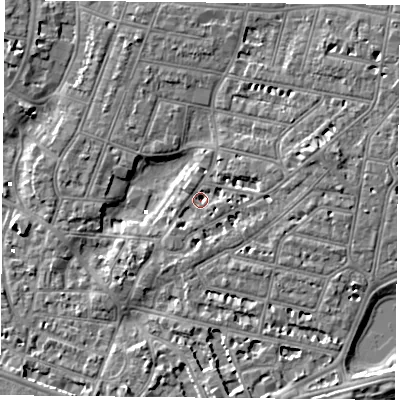 Shaded relief map of the ground around PO52PW, computed from Environment Agency LiDAR. The ground here sits at about 1 m above sea level and falls 6 m across the surrounding 800 m. Surface water reaching this point runs off ground lying to the east-north-east, 2.7 m higher.
