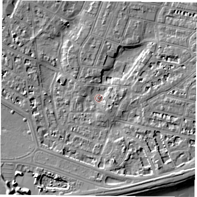 Shaded relief map of the ground around PO52PX, computed from Environment Agency LiDAR. The ground here sits at about 1 m above sea level and falls 10 m across the surrounding 800 m. Surface water reaching this point runs off ground lying to the south-east, 5.6 m higher.