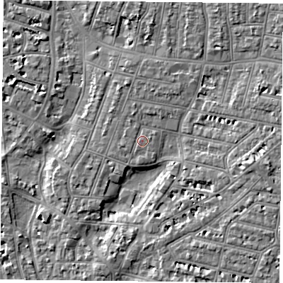 Shaded relief map of the ground around PO52PZ, computed from Environment Agency LiDAR. The ground here sits at about 3 m above sea level and falls 6 m across the surrounding 800 m. Surface water reaching this point runs off ground lying to the west-north-west, 0.7 m higher.