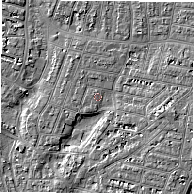 Shaded relief map of the ground around PO52QD, computed from Environment Agency LiDAR. The ground here sits at about 3 m above sea level and falls 6 m across the surrounding 800 m. Surface water reaching this point runs off ground lying to the north-west, 1.7 m higher.