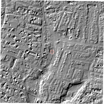 Shaded relief map of the ground around PO52QF, computed from Environment Agency LiDAR. The ground here sits at about 2 m above sea level and falls 7 m across the surrounding 800 m. Surface water reaching this point runs off ground lying to the north-north-west, 4.4 m higher.