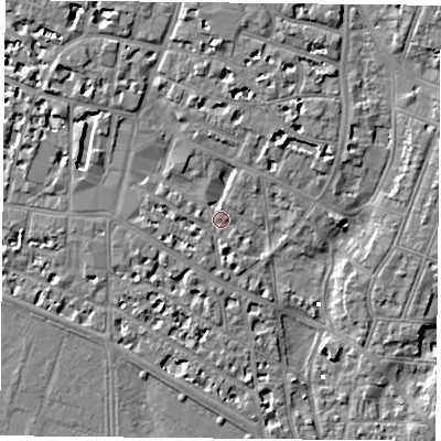 Shaded relief map of the ground around PO52QH, computed from Environment Agency LiDAR. The ground here sits at about 2 m above sea level and falls 7 m across the surrounding 800 m. Surface water reaching this point runs off ground lying to the south-south-west, 3.4 m higher.
