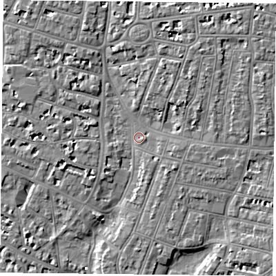 Shaded relief map of the ground around PO52QJ, computed from Environment Agency LiDAR. The ground here sits at about 2 m above sea level and falls 6 m across the surrounding 800 m. Surface water reaching this point runs off ground lying to the north-east, 4.3 m higher.