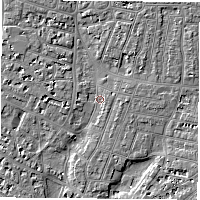 Shaded relief map of the ground around PO52QL, computed from Environment Agency LiDAR. The ground here sits at about 2 m above sea level and falls 7 m across the surrounding 800 m. Surface water reaching this point runs off ground lying to the north-north-west, 4.4 m higher.