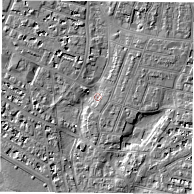 Shaded relief map of the ground around PO52QP, computed from Environment Agency LiDAR. The ground here sits at about 2 m above sea level and falls 6 m across the surrounding 800 m. Surface water reaching this point runs off ground lying to the south-east, 2.2 m higher.
