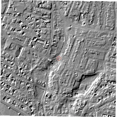 Shaded relief map of the ground around PO52QR, computed from Environment Agency LiDAR. The ground here sits at about 1 m above sea level and falls 6 m across the surrounding 800 m. Surface water reaching this point runs off ground lying to the north-north-east, 4.2 m higher.