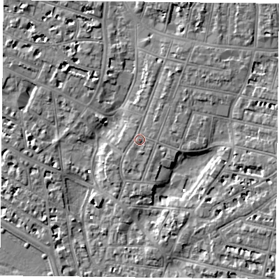 Shaded relief map of the ground around PO52QS, computed from Environment Agency LiDAR. The ground here sits at about 3 m above sea level and falls 6 m across the surrounding 800 m. Surface water reaching this point runs off ground lying to the north-north-east, 1.9 m higher.