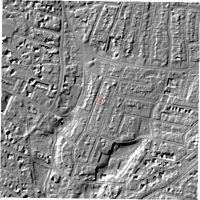 Shaded relief map of the ground around PO52QU, computed from Environment Agency LiDAR. The ground here sits at about 3 m above sea level and falls 7 m across the surrounding 800 m. Surface water reaching this point runs off ground lying to the north-east, 1.9 m higher.