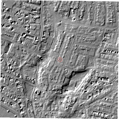 Shaded relief map of the ground around PO52QX, computed from Environment Agency LiDAR. The ground here sits at about 3 m above sea level and falls 6 m across the surrounding 800 m. Surface water reaching this point runs off ground lying to the north-north-east, 2.1 m higher.