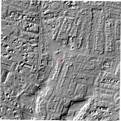 Shaded relief map of the ground around PO52QY, computed from Environment Agency LiDAR. The ground here sits at about 3 m above sea level and falls 7 m across the surrounding 800 m. Surface water reaching this point runs off ground lying to the east, 1.2 m higher.