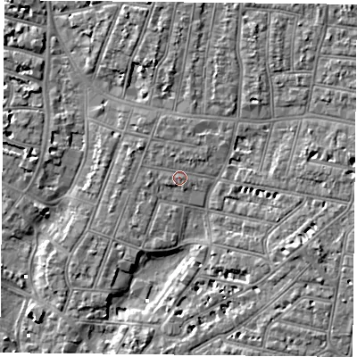 Shaded relief map of the ground around PO52RE, computed from Environment Agency LiDAR. The ground here sits at about 3 m above sea level and falls 7 m across the surrounding 800 m. Surface water reaching this point runs off ground lying to the north-north-west, 0.8 m higher.
