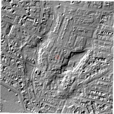 Shaded relief map of the ground around PO52RG, computed from Environment Agency LiDAR. The ground here sits at about 3 m above sea level and falls 6 m across the surrounding 800 m. Surface water reaching this point runs off ground lying to the north, 0.8 m higher.