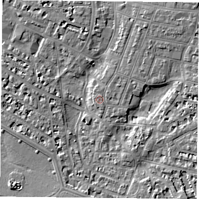 Shaded relief map of the ground around PO52RH, computed from Environment Agency LiDAR. The ground here sits at about 2 m above sea level and falls 6 m across the surrounding 800 m. Surface water reaching this point runs off ground lying to the north-east, 0.8 m higher.