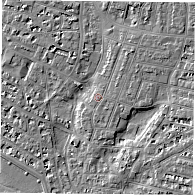 Shaded relief map of the ground around PO52RJ, computed from Environment Agency LiDAR. The ground here sits at about 3 m above sea level and falls 6 m across the surrounding 800 m. The ground contributing surface water to this point lies to the east-south-east.