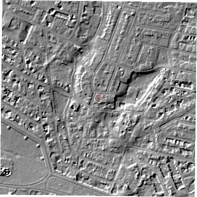 Shaded relief map of the ground around PO52RL, computed from Environment Agency LiDAR. The ground here sits at about 2 m above sea level and falls 6 m across the surrounding 800 m. Surface water reaching this point runs off ground lying to the north-north-east, 5.6 m higher.