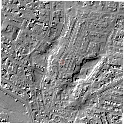 Shaded relief map of the ground around PO52RN, computed from Environment Agency LiDAR. The ground here sits at about 3 m above sea level and falls 6 m across the surrounding 800 m. Surface water reaching this point runs off ground lying to the north-north-east, 0.6 m higher.