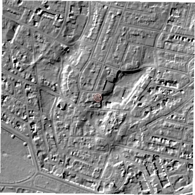 Shaded relief map of the ground around PO52RQ, computed from Environment Agency LiDAR. The ground here sits at about 2 m above sea level and falls 6 m across the surrounding 800 m. Surface water reaching this point runs off ground lying to the south-south-east, 5.9 m higher.