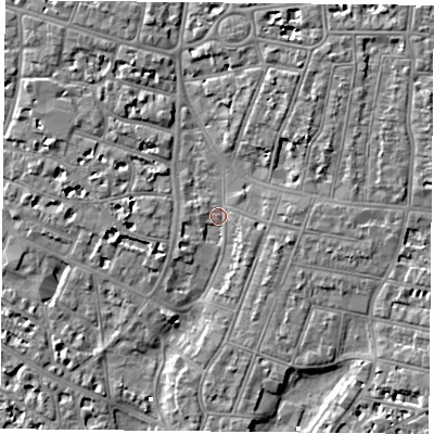 Shaded relief map of the ground around PO52RR, computed from Environment Agency LiDAR. The ground here sits at about 2 m above sea level and falls 7 m across the surrounding 800 m. Surface water reaching this point runs off ground lying to the north-north-west, 4.2 m higher.