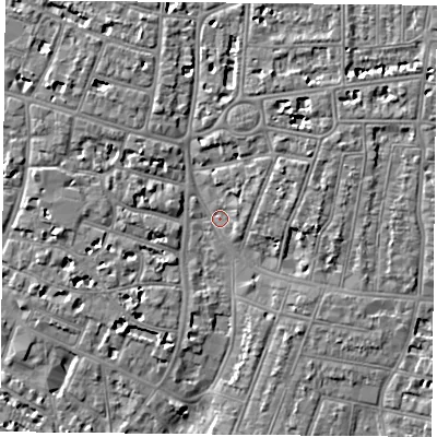 Shaded relief map of the ground around PO52SE, computed from Environment Agency LiDAR. The ground here sits at about 3 m above sea level and falls 6 m across the surrounding 800 m. Surface water reaching this point runs off ground lying to the north-east, 4.0 m higher.