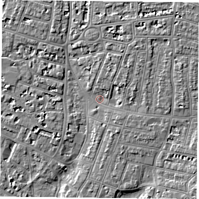 Shaded relief map of the ground around PO52SF, computed from Environment Agency LiDAR. The ground here sits at about 3 m above sea level and falls 6 m across the surrounding 800 m. Surface water reaching this point runs off ground lying to the north-north-east, 3.4 m higher.