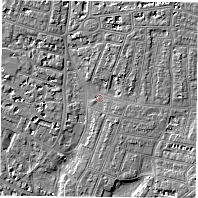 Shaded relief map of the ground around PO52SJ, computed from Environment Agency LiDAR. The ground here sits at about 3 m above sea level and falls 6 m across the surrounding 800 m. Surface water reaching this point runs off ground lying to the north-north-east, 3.4 m higher.