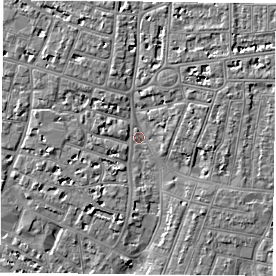 Shaded relief map of the ground around PO52SX, computed from Environment Agency LiDAR. The ground here sits at about 3 m above sea level and falls 6 m across the surrounding 800 m. Surface water reaching this point runs off ground lying to the east-north-east, 4.0 m higher.