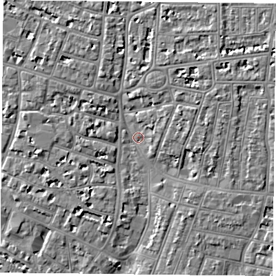 Shaded relief map of the ground around PO52SZ, computed from Environment Agency LiDAR. The ground here sits at about 3 m above sea level and falls 6 m across the surrounding 800 m. Surface water reaching this point runs off ground lying to the east-north-east, 4.0 m higher.