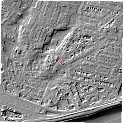 Shaded relief map of the ground around PO52TJ, computed from Environment Agency LiDAR. The ground here sits at about 2 m above sea level and falls 9 m across the surrounding 800 m. Surface water reaching this point runs off ground lying to the north-east, 4.5 m higher.