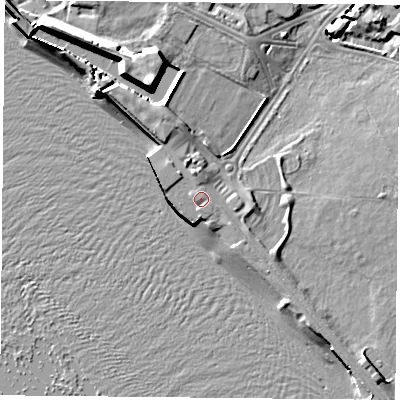 Shaded relief map of the ground around PO53AA, computed from Environment Agency LiDAR. The ground here sits at about 4 m above sea level and falls 12 m across the surrounding 800 m. Surface water reaching this point runs off ground lying to the north-north-west, 0.9 m higher.