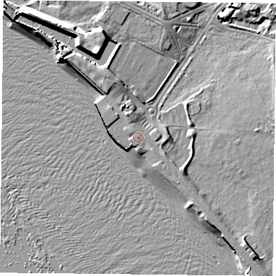 Shaded relief map of the ground around PO53AB, computed from Environment Agency LiDAR. The ground here sits at about 4 m above sea level and falls 12 m across the surrounding 800 m. Surface water reaching this point runs off ground lying to the north-north-west, 0.9 m higher.