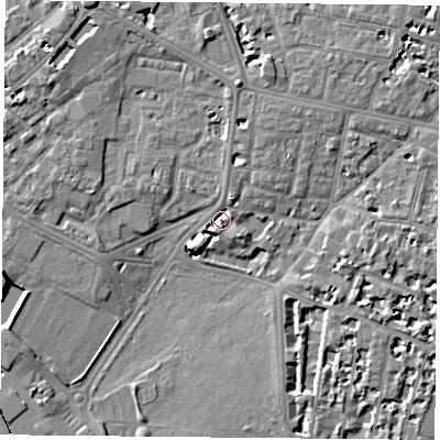 Shaded relief map of the ground around PO53AT, computed from Environment Agency LiDAR. The ground here sits at about 3 m above sea level and falls 10 m across the surrounding 800 m. Surface water reaching this point runs off ground lying to the north-north-east, 3.3 m higher.