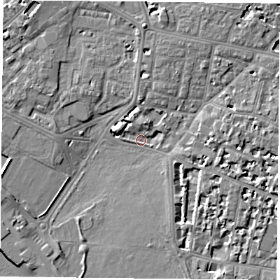 Shaded relief map of the ground around PO53AU, computed from Environment Agency LiDAR. The ground here sits at about 2 m above sea level and falls 8 m across the surrounding 800 m. Surface water reaching this point runs off ground lying to the north, 5.4 m higher.