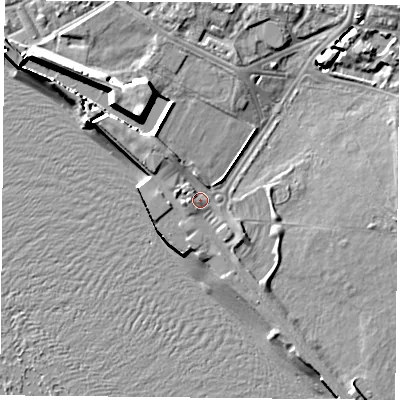 Shaded relief map of the ground around PO53AX, computed from Environment Agency LiDAR. The ground here sits at about 3 m above sea level and falls 12 m across the surrounding 800 m. Surface water reaching this point runs off ground lying to the west-north-west, 3.2 m higher.