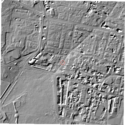 Shaded relief map of the ground around PO53AZ, computed from Environment Agency LiDAR. The ground here sits at about 3 m above sea level and falls 6 m across the surrounding 800 m. Surface water reaching this point runs off ground lying to the north-north-east, 4.8 m higher.