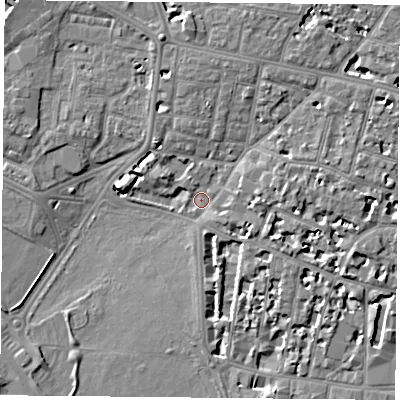 Shaded relief map of the ground around PO53BA, computed from Environment Agency LiDAR. The ground here sits at about 3 m above sea level and falls 6 m across the surrounding 800 m. Surface water reaching this point runs off ground lying to the north-north-east, 4.4 m higher.