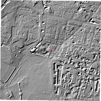 Shaded relief map of the ground around PO53BT, computed from Environment Agency LiDAR. The ground here sits at about 3 m above sea level and falls 6 m across the surrounding 800 m. Surface water reaching this point runs off ground lying to the north-north-west, 5.4 m higher.